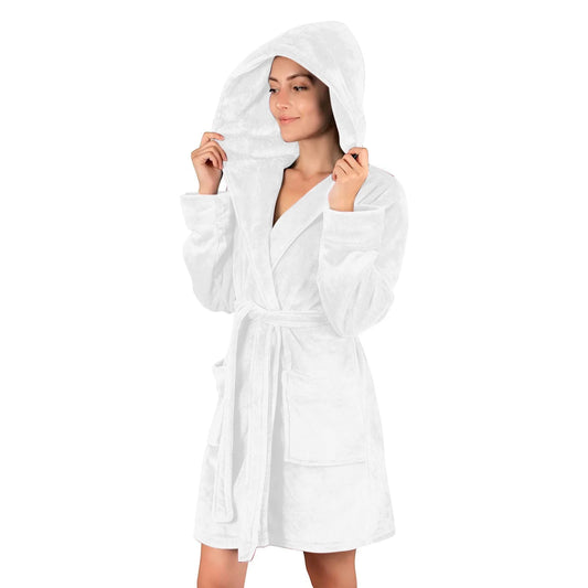 Women Fleece Hooded Bathrobe, Soft Warm Plush Short Kimono Robes Pajamas Nightgowns Winter Cozy Fuzzy Sleepwear Housecoat with Pockets