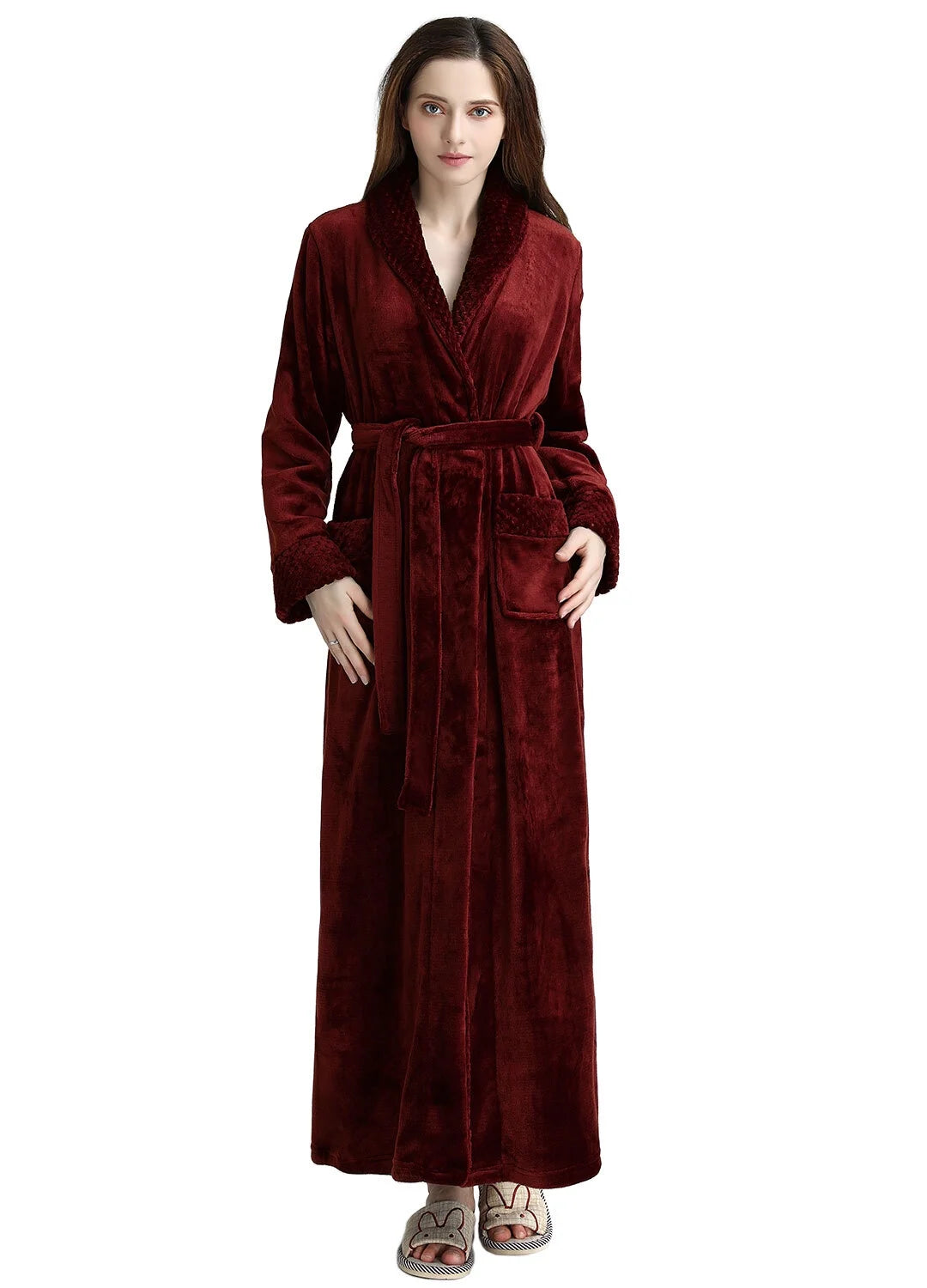 Robes for Women,  Long Womens Robes, Soft Fluffy Fleece Bath Robe with Front Pocket, Winter Warm Plush Lapel Women'S Robes, Adjustable Belt, Wine Red, 2XL3XL