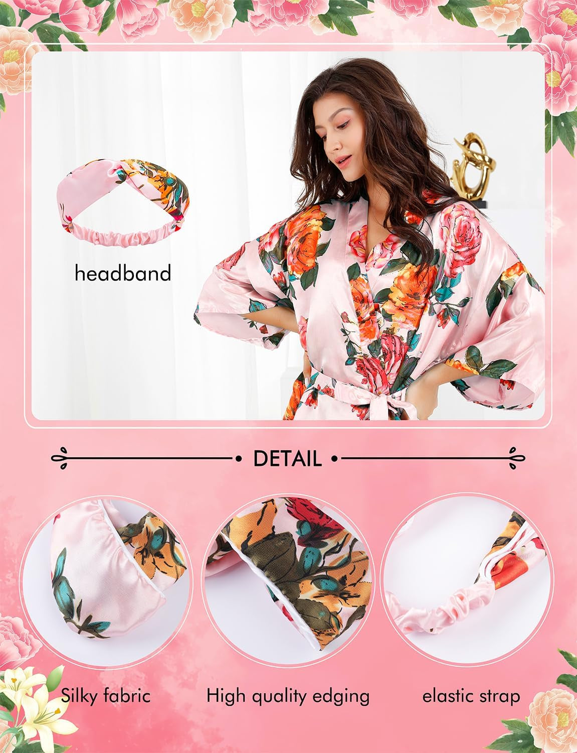 Silk Robes for Women Satin Robe Short Sexy Print Flower Kimono Loungewear Wedding Bridal Party