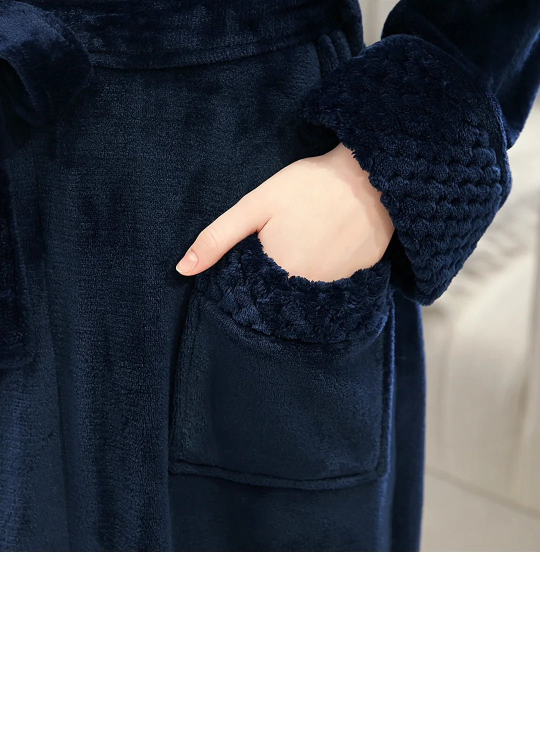 Robes for Women,  Long Womens Robes, Soft Fluffy Fleece Bath Robe with Front Pocket, Winter Warm Plush Lapel Women'S Robes, Adjustable Belt, Dark Blue, L/XL