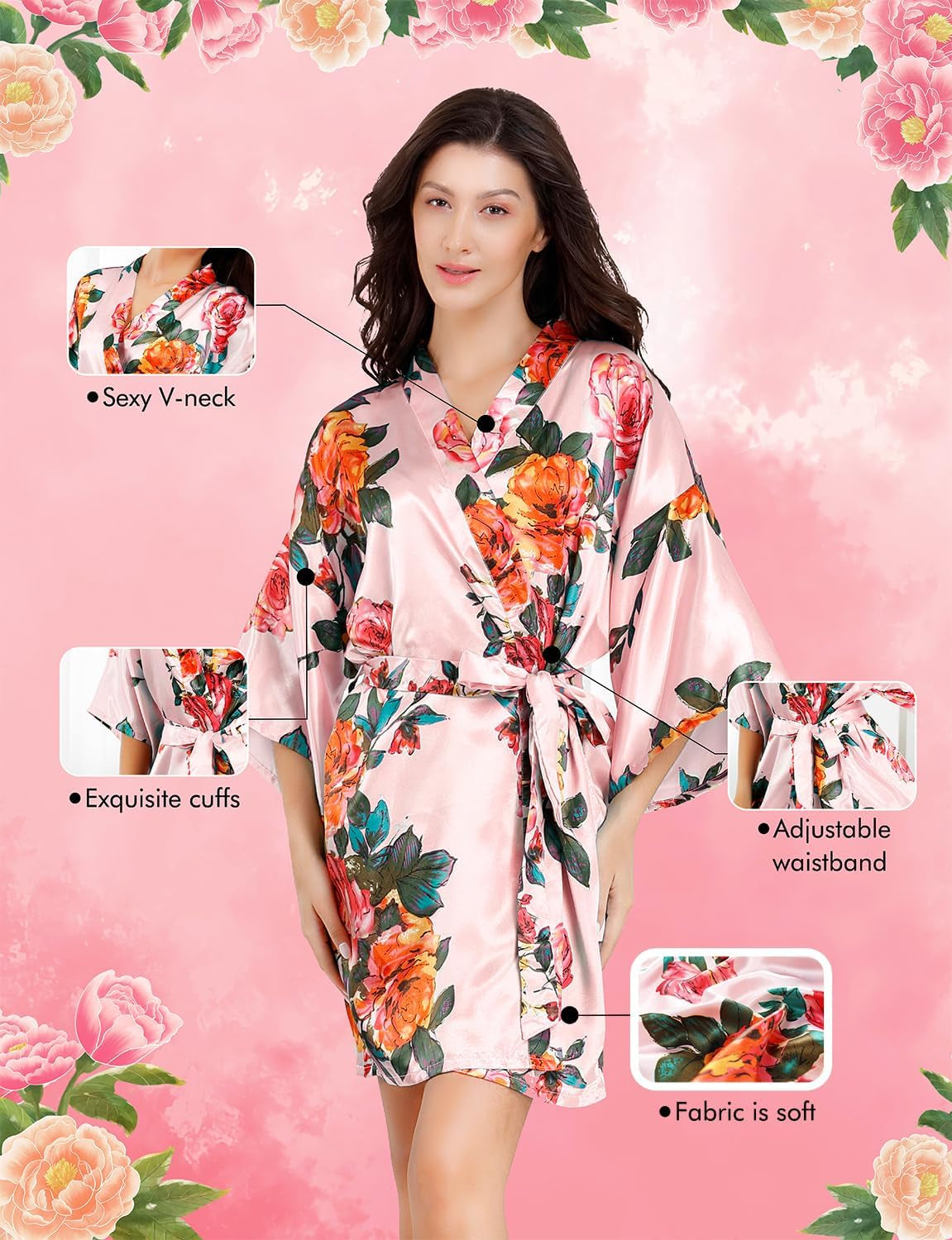 Silk Robes for Women Satin Robe Short Sexy Print Flower Kimono Loungewear Wedding Bridal Party
