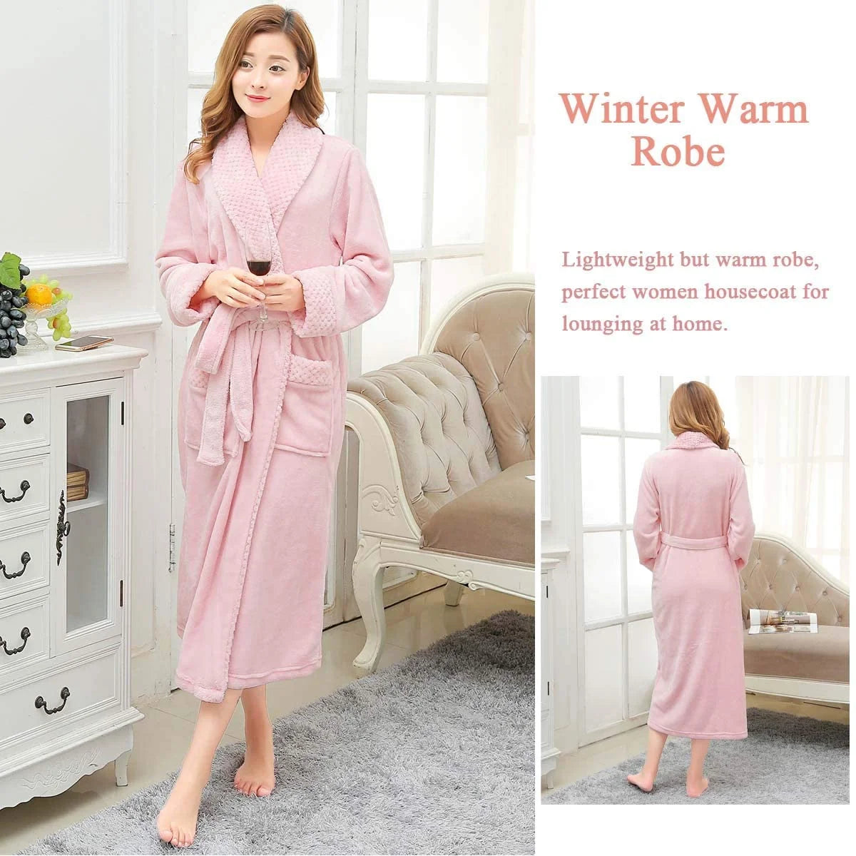 Plush Robes for Women Soft Warm Fleece Bathrobe Ladies Long Comfy Spa Bath Robe Housecoat,