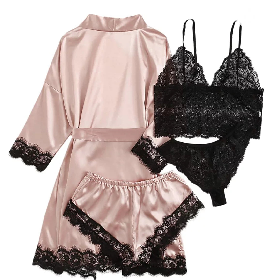 Robes for Women Satin Silk Pajamas Set 4Pcs Lace Trim Cami Sexy Lingerie Sleepwear Underwear