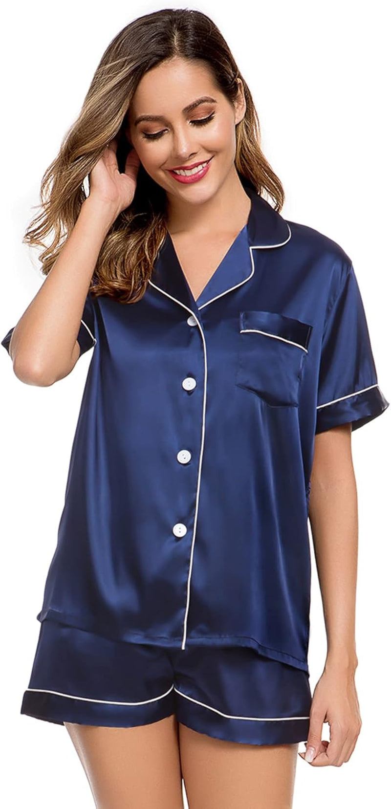 Womens Silk Satin Pajamas Short Sleeve Loungewear Two-Piece Sleepwear Button-Down Pj Set