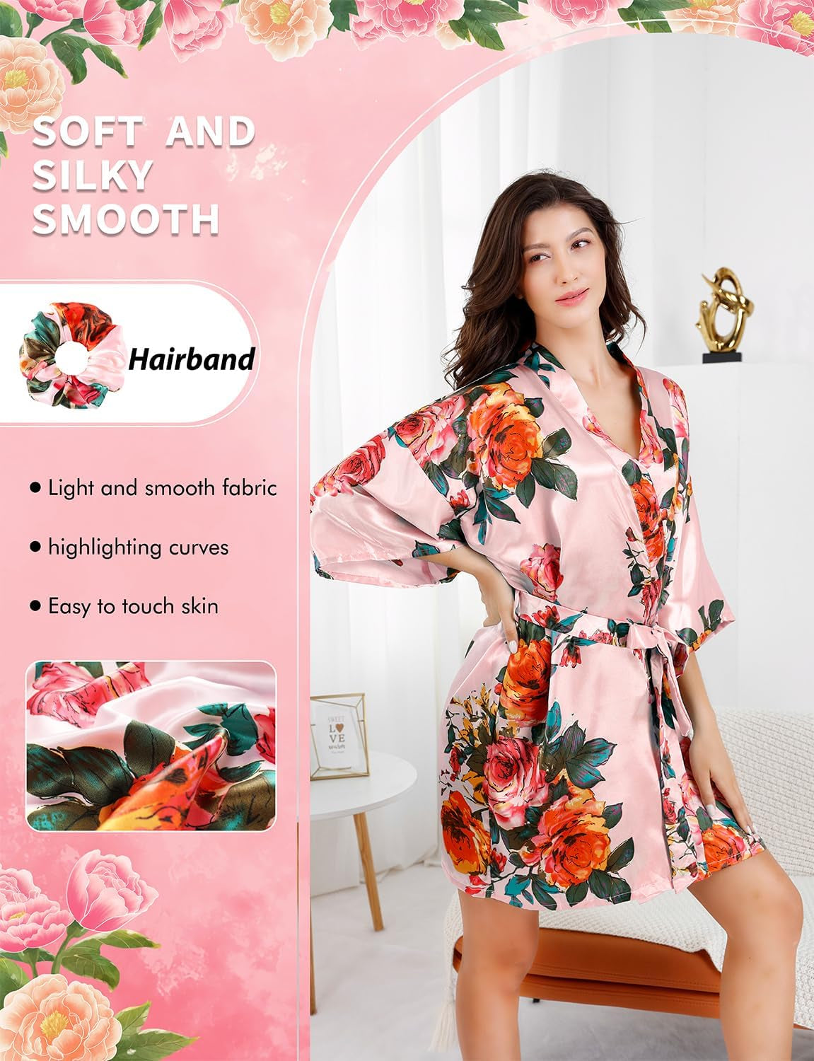 Silk Robes for Women Satin Robe Short Sexy Print Flower Kimono Loungewear Wedding Bridal Party