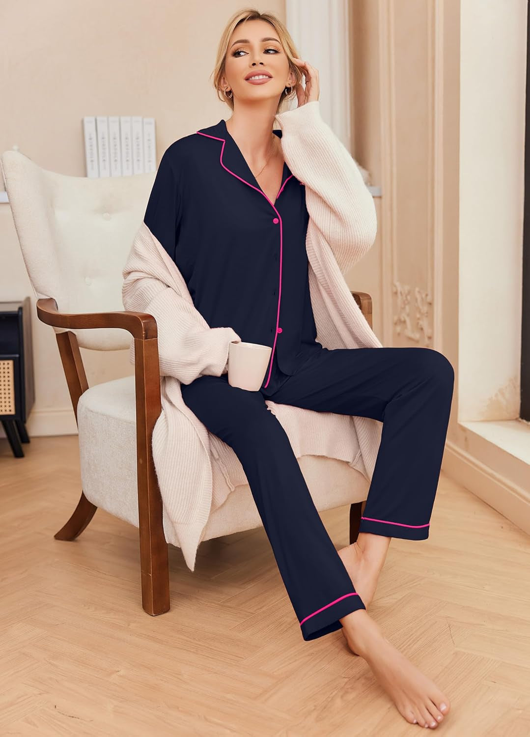 Pajamas Women'S Long Sleeve Sleepwear Soft Button down Loungewear Pjs Lounge Set Nightwear XS-XXL
