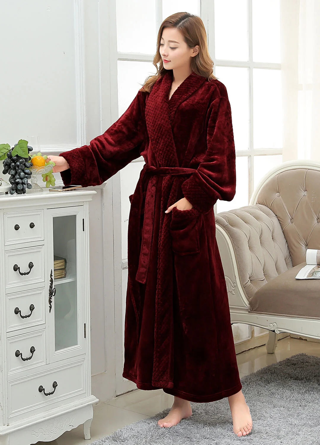 Robes for Women,  Long Womens Robes, Soft Fluffy Fleece Bath Robe with Front Pocket, Winter Warm Plush Lapel Women'S Robes, Adjustable Belt, Wine Red, 2XL3XL