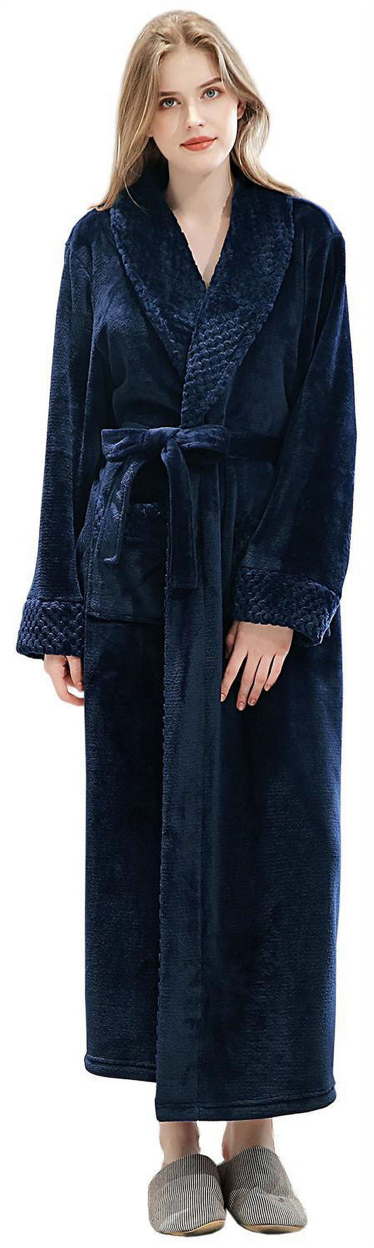 Robes for Women,  Long Womens Robes, Soft Fluffy Fleece Bath Robe with Front Pocket, Winter Warm Plush Lapel Women'S Robes, Adjustable Belt, Dark Blue, L/XL