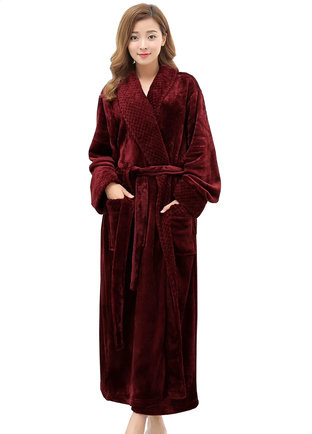 Robes for Women,  Long Womens Robes, Soft Fluffy Fleece Bath Robe with Front Pocket, Winter Warm Plush Lapel Women'S Robes, Adjustable Belt, Wine Red, 2XL3XL