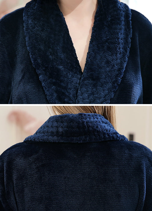 Robes for Women,  Long Womens Robes, Soft Fluffy Fleece Bath Robe with Front Pocket, Winter Warm Plush Lapel Women'S Robes, Adjustable Belt, Dark Blue, L/XL