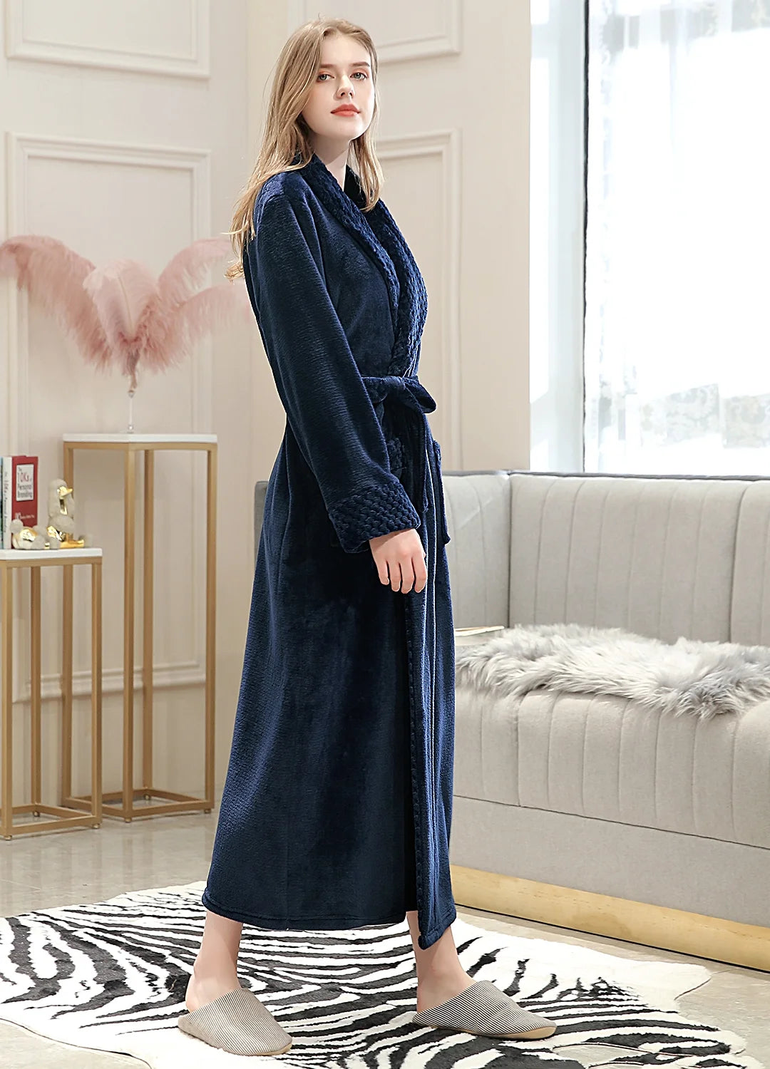Robes for Women,  Long Womens Robes, Soft Fluffy Fleece Bath Robe with Front Pocket, Winter Warm Plush Lapel Women'S Robes, Adjustable Belt, Dark Blue, L/XL