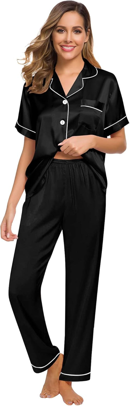 Women Satin Pajamas Set Short Sleeve Top & Pants Sleepwear Silky Button down Nightwear 2Pcs Loungewear Pjs Set
