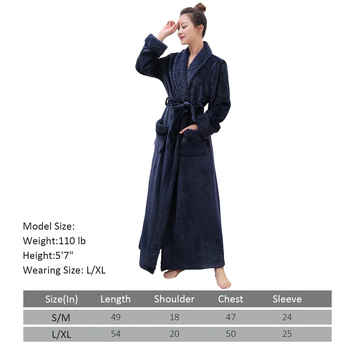 Robes for Women,  Long Womens Robes, Soft Fluffy Fleece Bath Robe with Front Pocket, Winter Warm Plush Lapel Women'S Robes, Adjustable Belt, Dark Blue, L/XL
