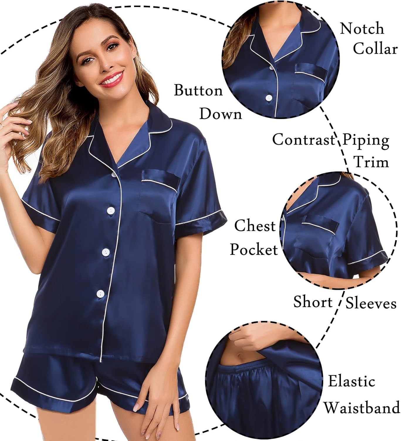 Womens Silk Satin Pajamas Short Sleeve Loungewear Two-Piece Sleepwear Button-Down Pj Set
