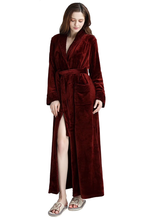 Robes for Women,  Long Womens Robes, Soft Fluffy Fleece Bath Robe with Front Pocket, Winter Warm Plush Lapel Women'S Robes, Adjustable Belt, Wine Red, 2XL3XL