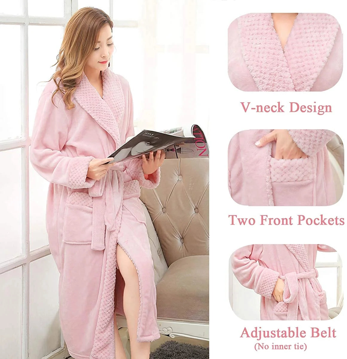Plush Robes for Women Soft Warm Fleece Bathrobe Ladies Long Comfy Spa Bath Robe Housecoat,