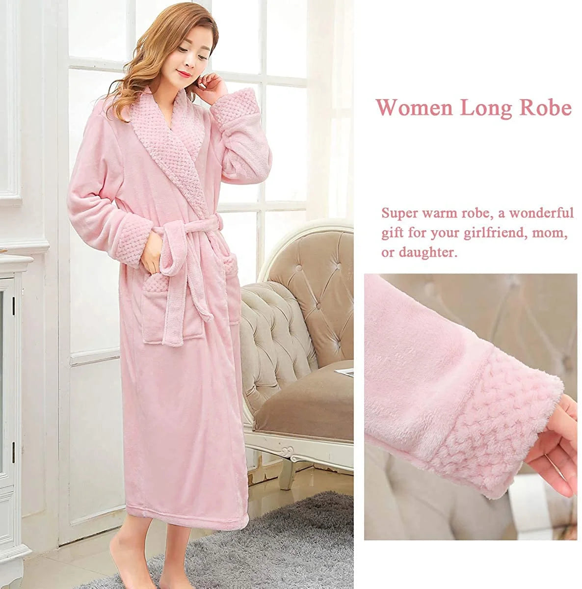 Plush Robes for Women Soft Warm Fleece Bathrobe Ladies Long Comfy Spa Bath Robe Housecoat,