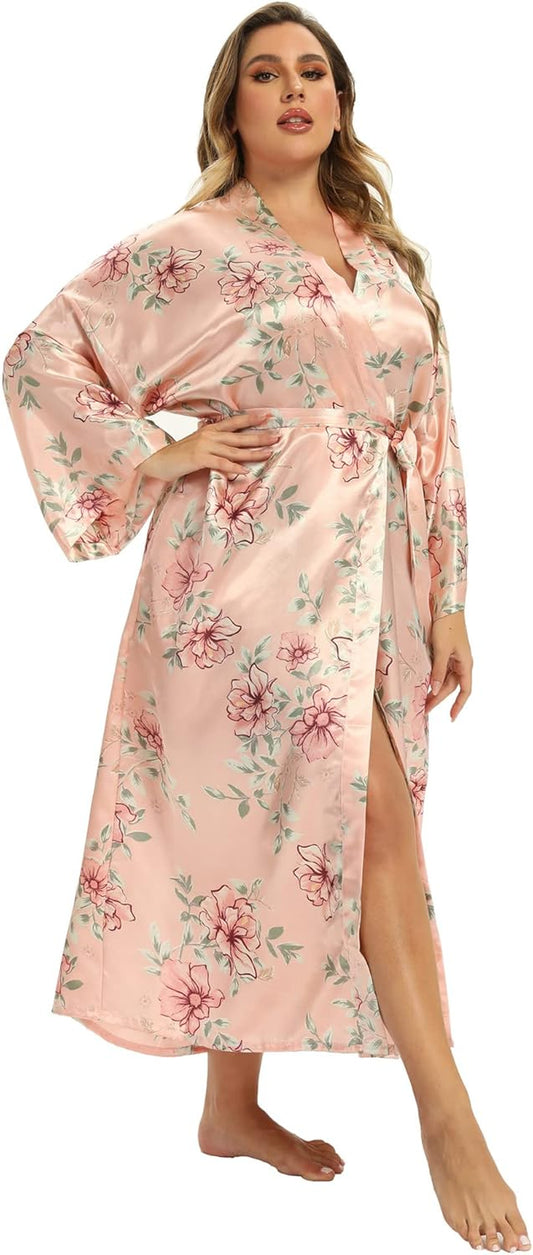 Women'S Floral Long Satin Robes plus Size Long Silk Robes Peacock Floral Kimonos Sleepwear Dressing Gown