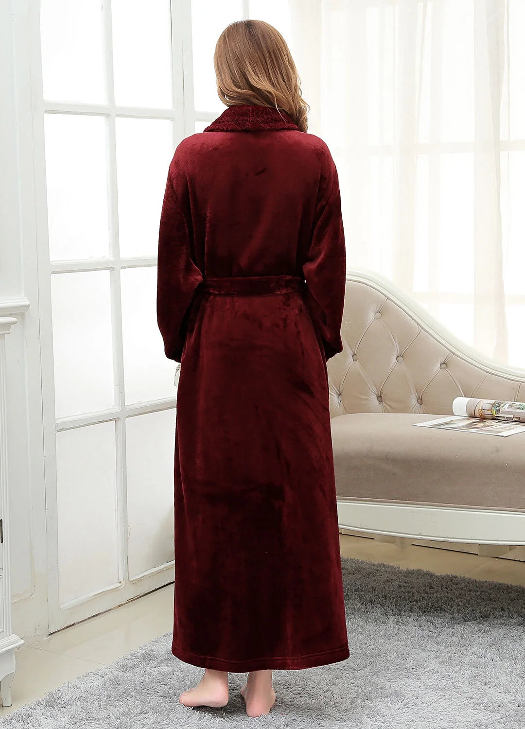 Robes for Women,  Long Womens Robes, Soft Fluffy Fleece Bath Robe with Front Pocket, Winter Warm Plush Lapel Women'S Robes, Adjustable Belt, Wine Red, 2XL3XL