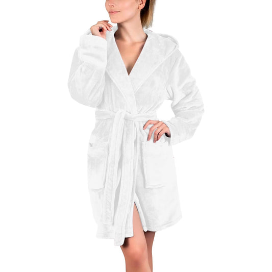 Women Fleece Hooded Bathrobe, Soft Warm Plush Short Kimono Robes Pajamas Nightgowns Winter Cozy Fuzzy Sleepwear Housecoat with Pockets