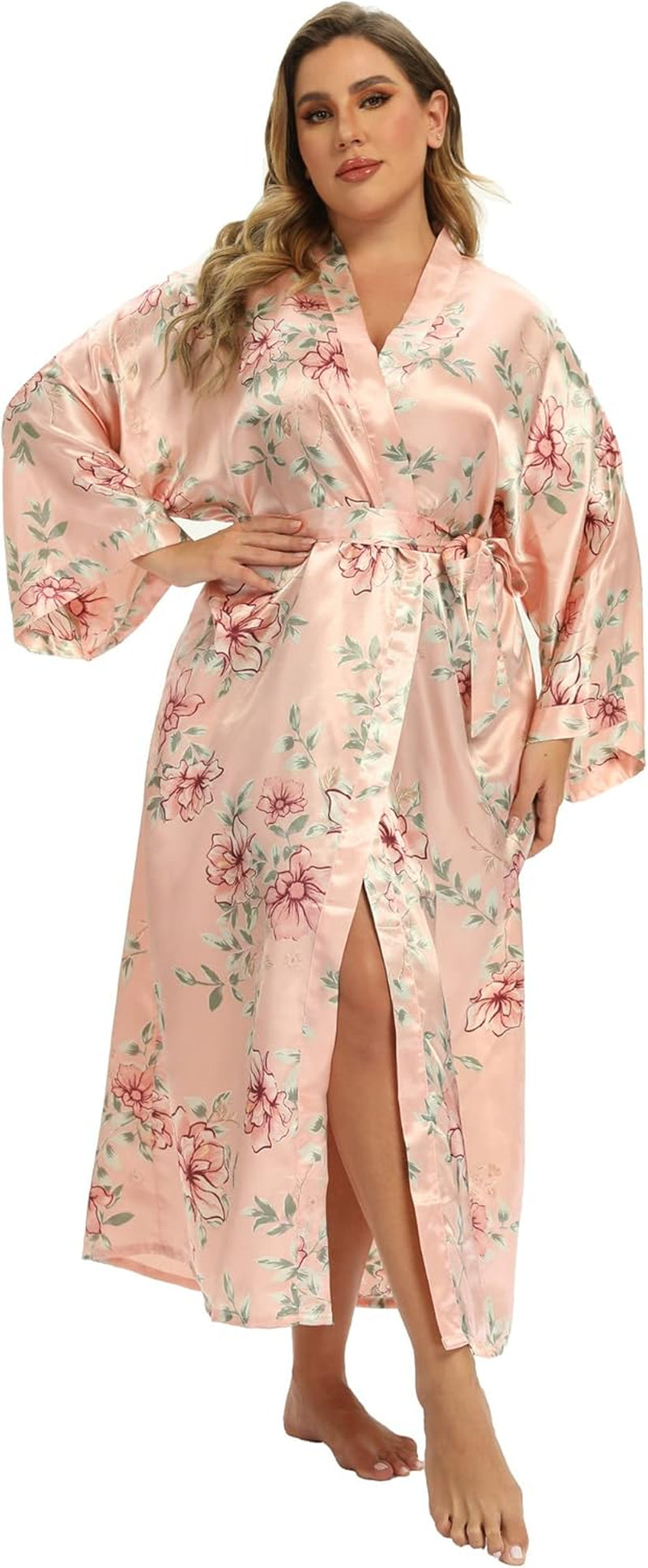 Women'S Floral Long Satin Robes plus Size Long Silk Robes Peacock Floral Kimonos Sleepwear Dressing Gown