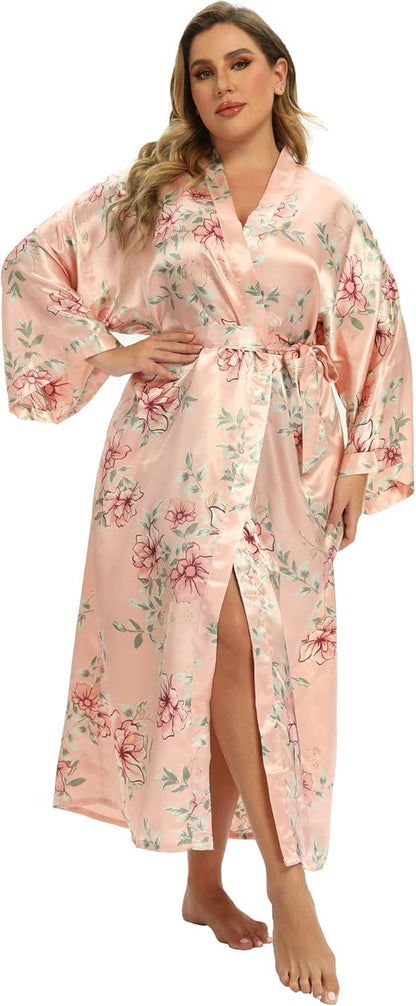 Women'S Floral Long Satin Robes plus Size Long Silk Robes Peacock Floral Kimonos Sleepwear Dressing Gown