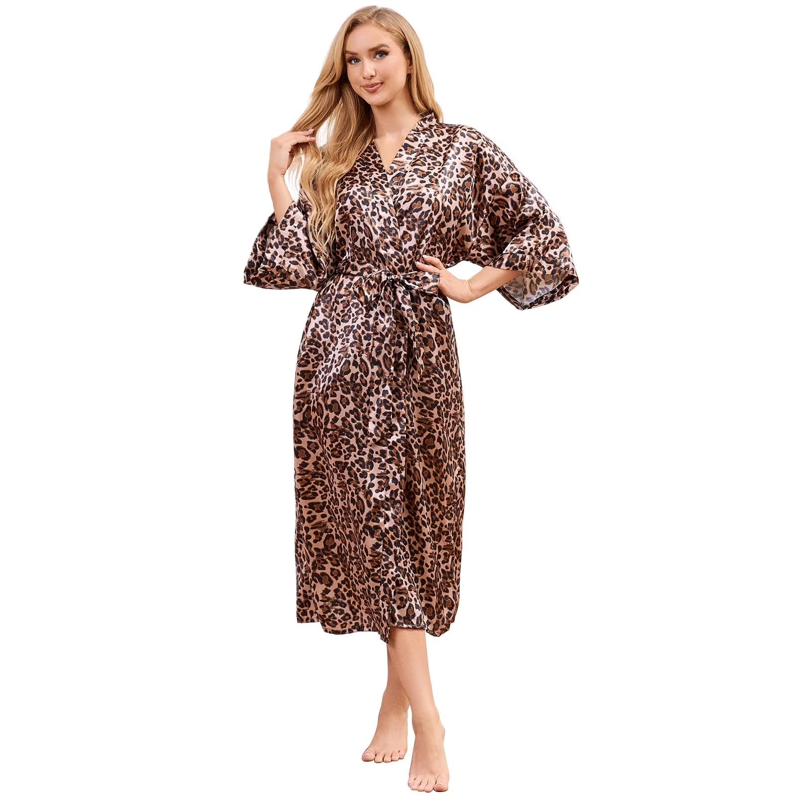 Robes for Women,  Womens Long Silk Kimono Robes, Satin Silky Bathrobe Robe Soft Floral Bridesmaid Robes for Women, Ladies Sleepwear,Leopard