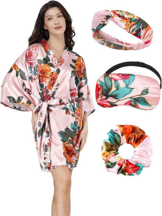 Silk Robes for Women Satin Robe Short Sexy Print Flower Kimono Loungewear Wedding Bridal Party