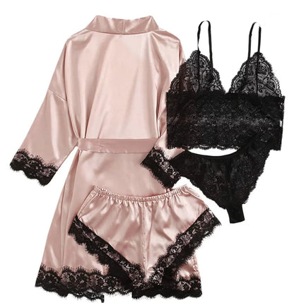 Robes for Women Satin Silk Pajamas Set 4Pcs Lace Trim Cami Sexy Lingerie Sleepwear Underwear