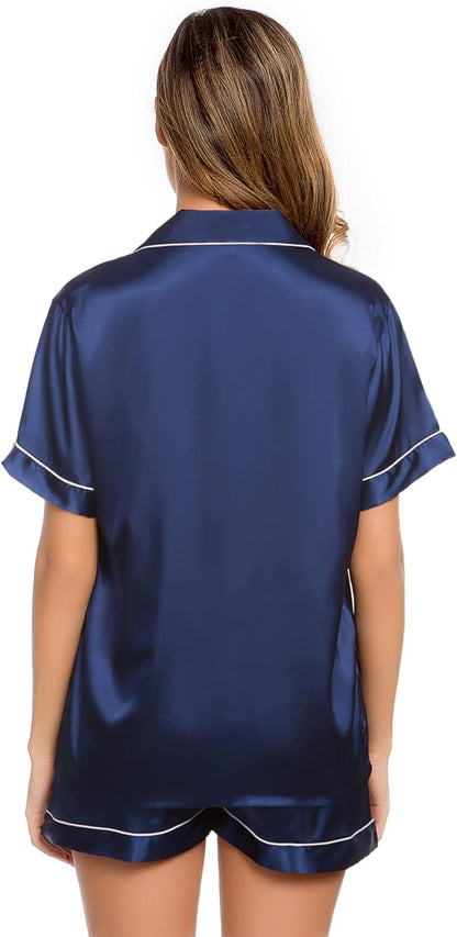 Womens Silk Satin Pajamas Short Sleeve Loungewear Two-Piece Sleepwear Button-Down Pj Set