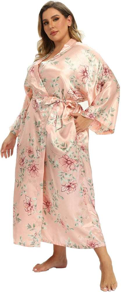 Women'S Floral Long Satin Robes plus Size Long Silk Robes Peacock Floral Kimonos Sleepwear Dressing Gown