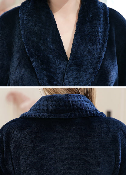 Robes for Women,  Long Womens Robes, Soft Fluffy Fleece Bath Robe with Front Pocket, Winter Warm Plush Lapel Women'S Robes, Adjustable Belt, Dark Blue, L/XL
