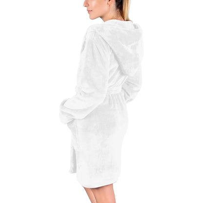 Women Fleece Hooded Bathrobe, Soft Warm Plush Short Kimono Robes Pajamas Nightgowns Winter Cozy Fuzzy Sleepwear Housecoat with Pockets
