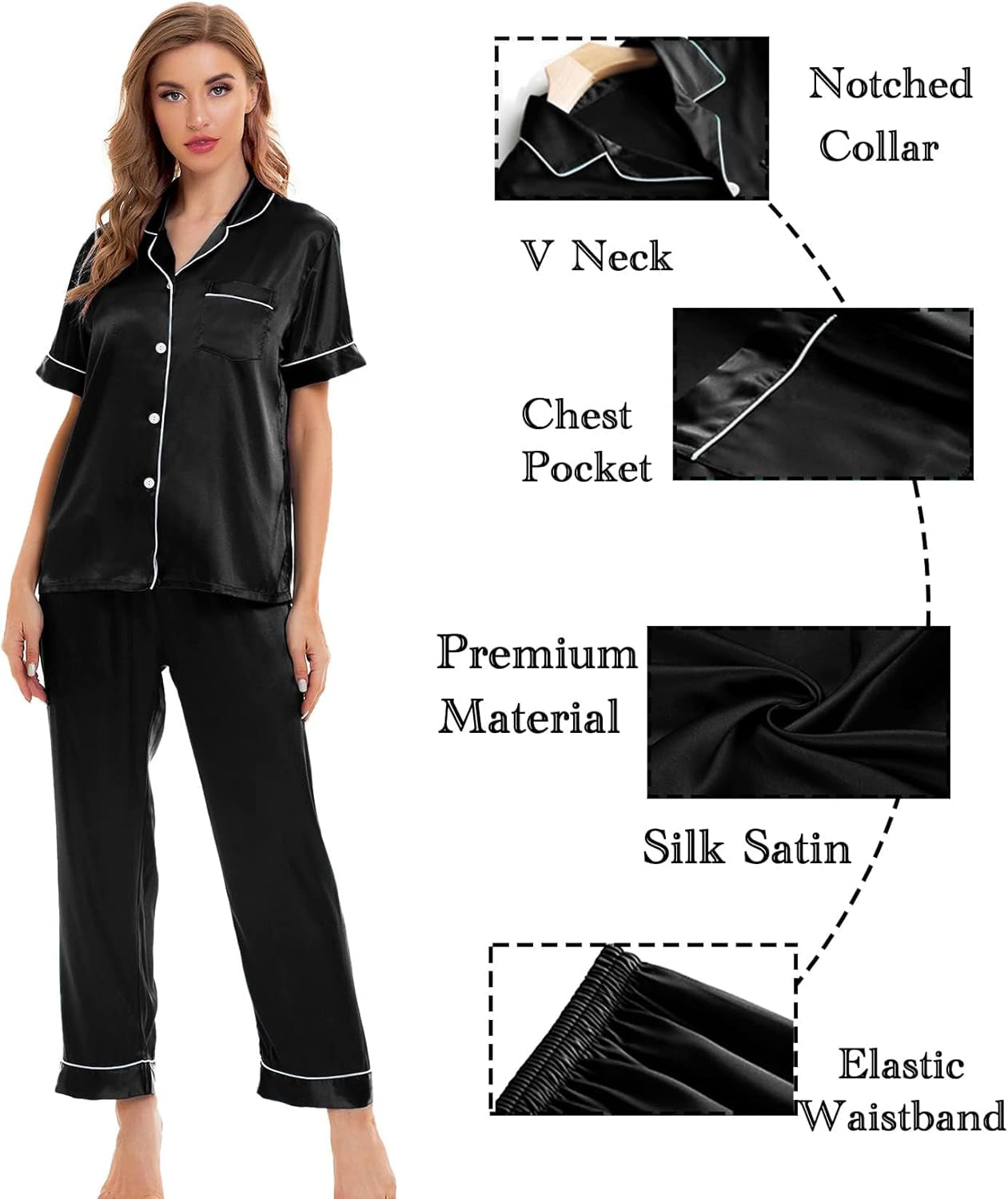 Women Satin Pajamas Set Short Sleeve Top & Pants Sleepwear Silky Button down Nightwear 2Pcs Loungewear Pjs Set