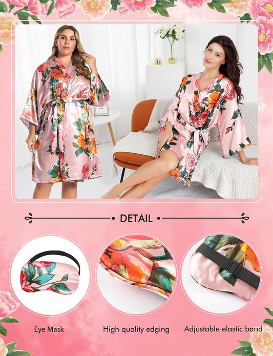 Silk Robes for Women Satin Robe Short Sexy Print Flower Kimono Loungewear Wedding Bridal Party