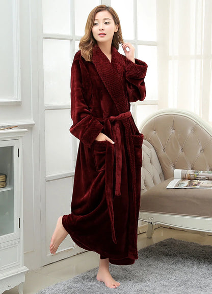 Robes for Women,  Long Womens Robes, Soft Fluffy Fleece Bath Robe with Front Pocket, Winter Warm Plush Lapel Women'S Robes, Adjustable Belt, Wine Red, 2XL3XL